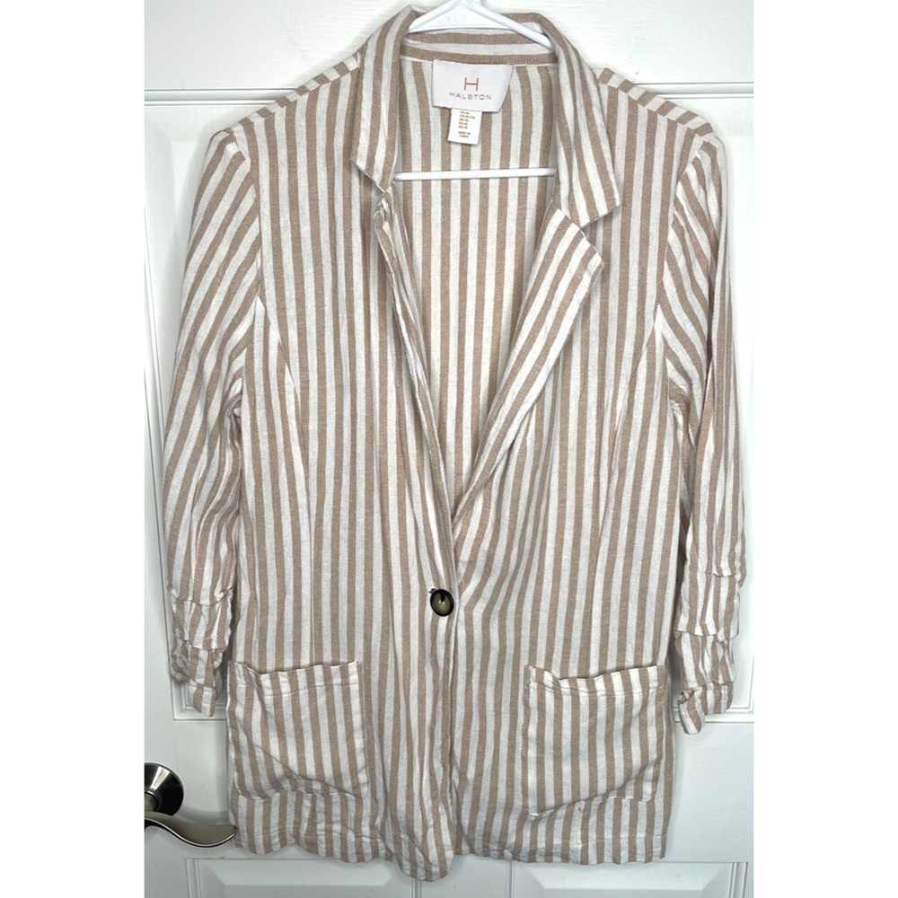 Halston Women's Relaxed Striped Blazer Sz XL Linen Blend Pleating Modern Chic